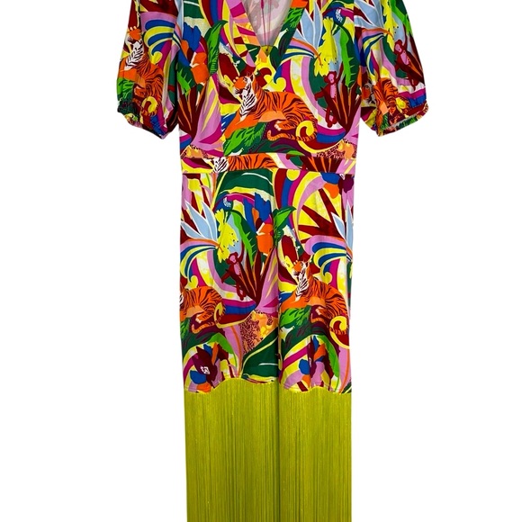 NWT Alden Adair Womens Louisa Rainforest Balloon Sleeve Midi Fringe Dress Sz XS‎ - Picture 12 of 13